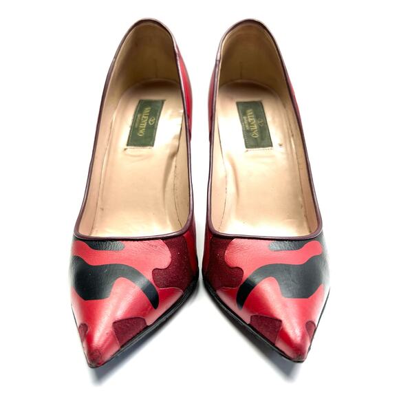 VALENTINO Patchwork Camo Pointed Toe Pump size EU 37 US 7 Wine Camo Print Heels - Picture 2 of 14